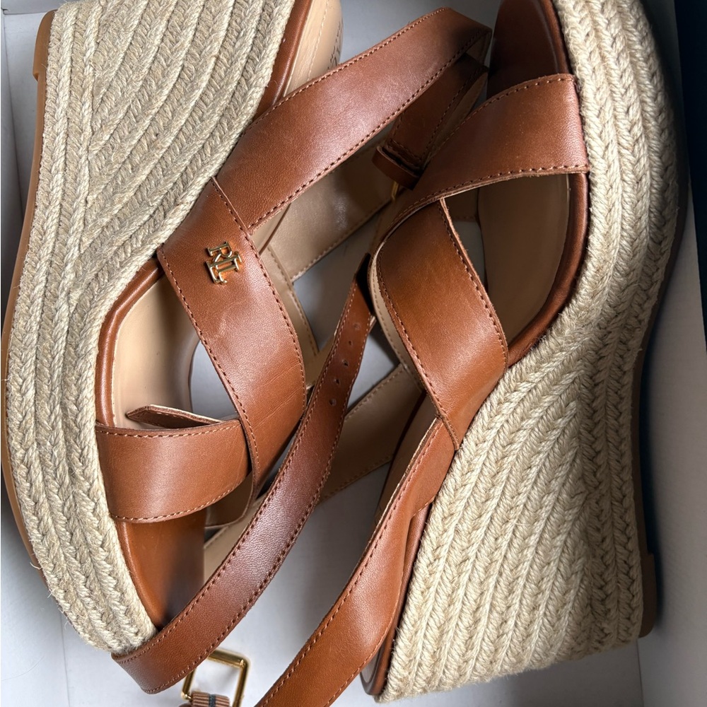 Ralph Lauren Tan Leather Wedge Sandals